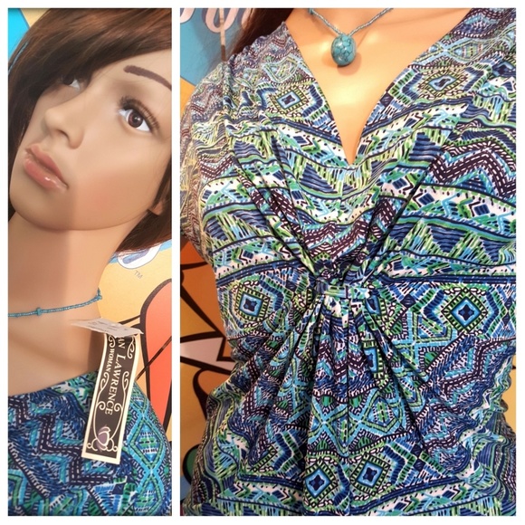 ⬇️ Susan Lawrence Blue Turquoise Gathered Front Top - Picture 2 of 3